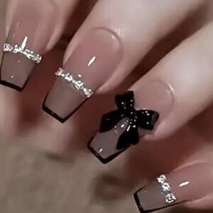 24 Pcs Women's Girls Black French Tip Nails with Bows